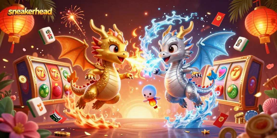 Sneakerhead-themed slot action scene featuring twin dragons and vibrant casino elements.