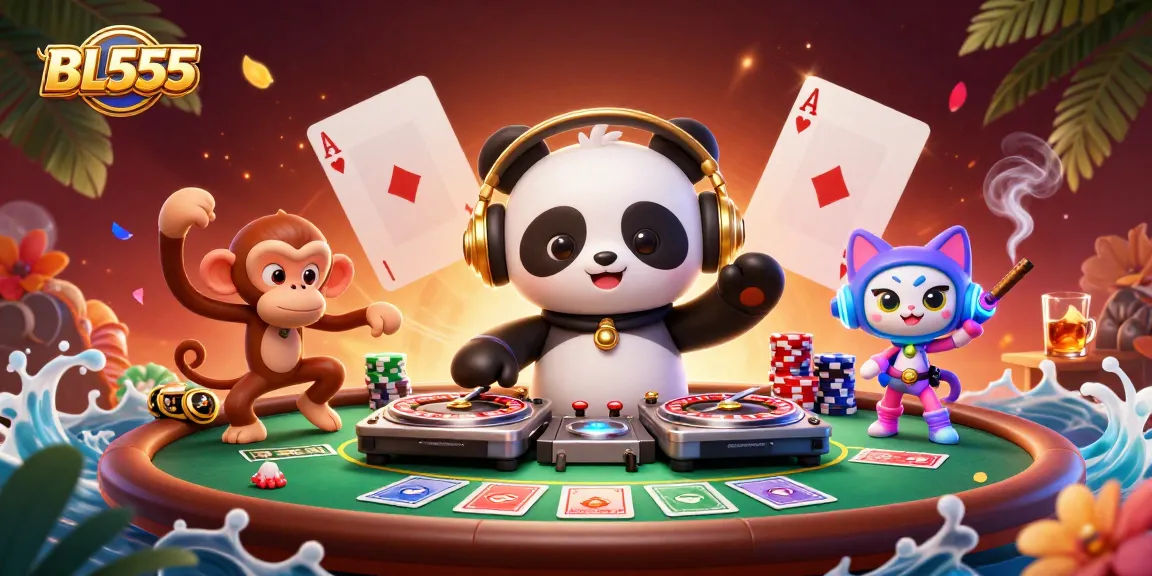 Experience the thrills of BL555 with vibrant cartoon characters at a poker-themed celebration.