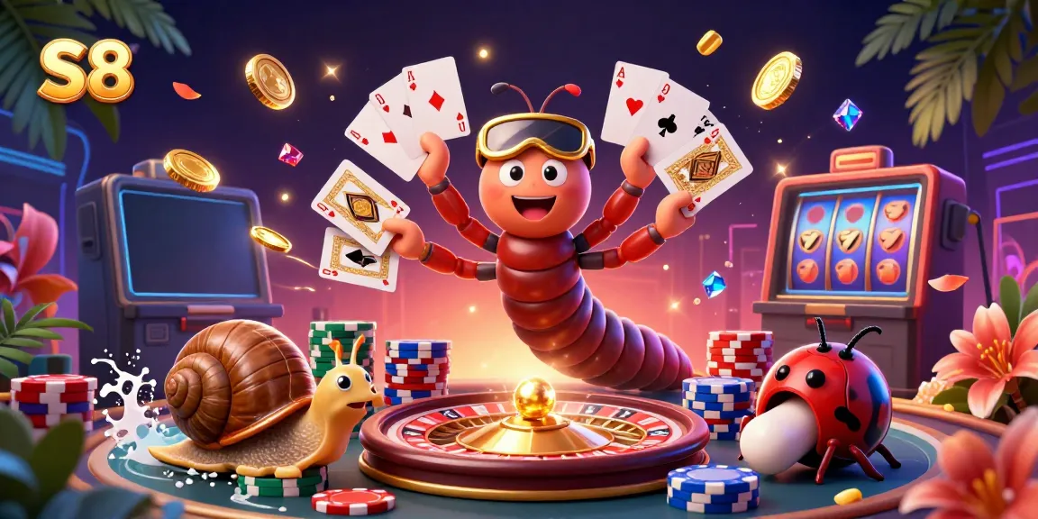 Engage with the dynamic S8 casino scene featuring a millipede dealer, snail high-roller, and pill bug amidst flying chips and coins.