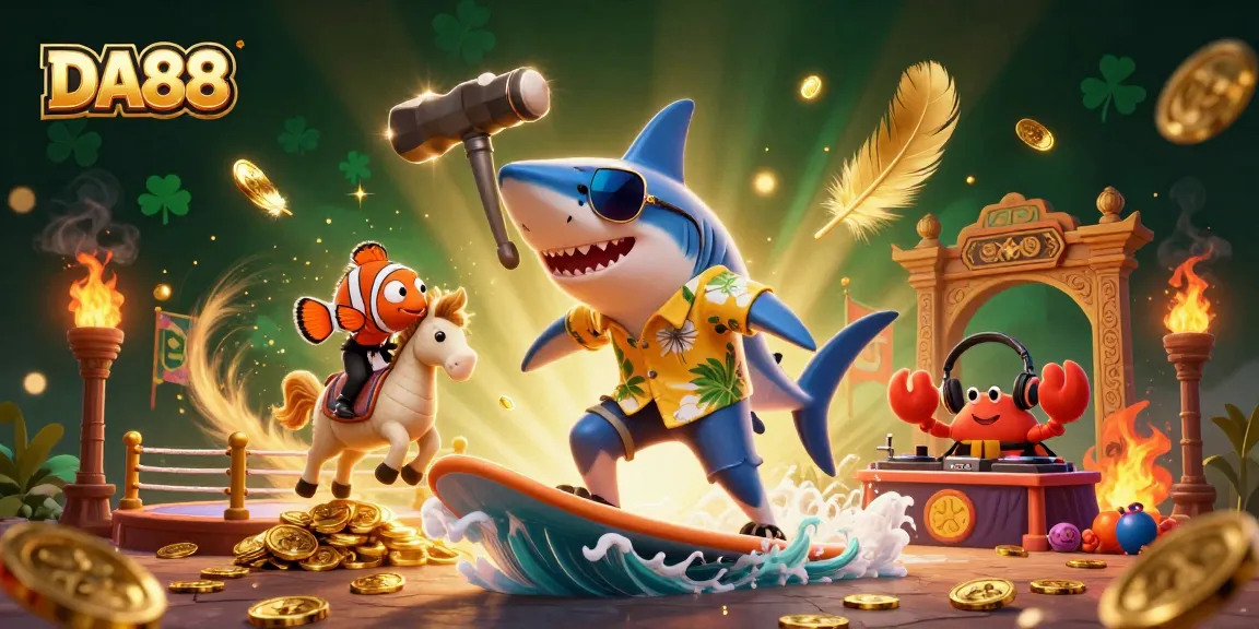 DA88's vibrant casino illustration showcases a shark, fish, and crab DJ amidst gold coins.
