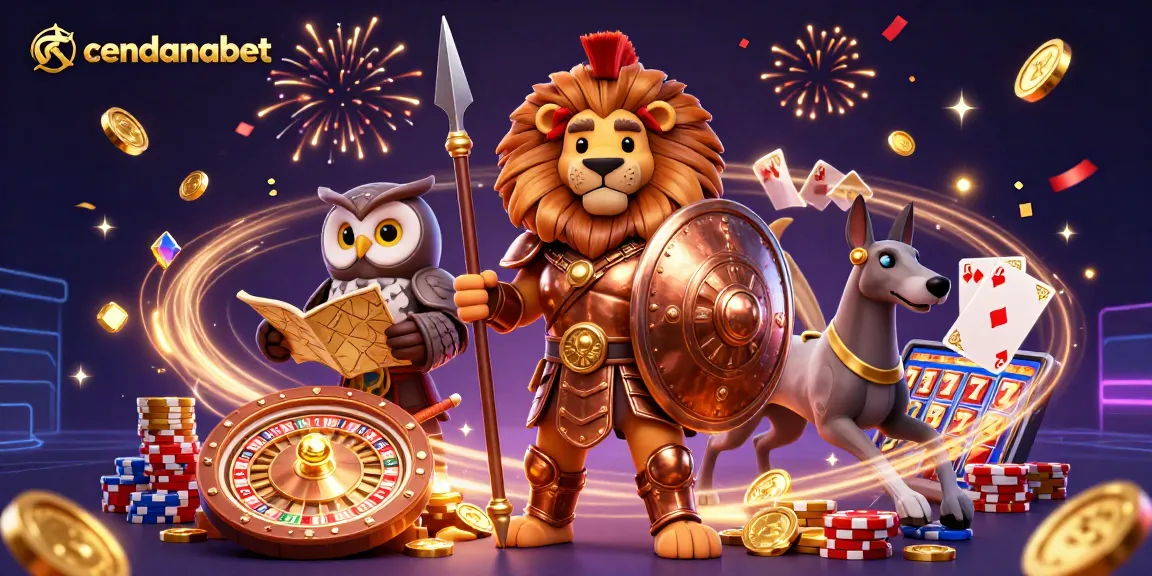 Cendanabet offers engaging betting experiences with a 3D lion, owl, and greyhound in a festive casino scene.