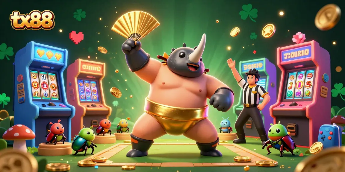 Experience the excitement of tx88 with a 3D cartoon beetle sumo champion amidst golden coins and casino-themed elements.