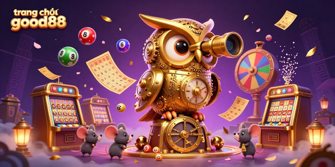 Experience the excitement of gaming at trang chủ good88 with a vibrant illustration of a golden owl overseeing a bustling casino floor.