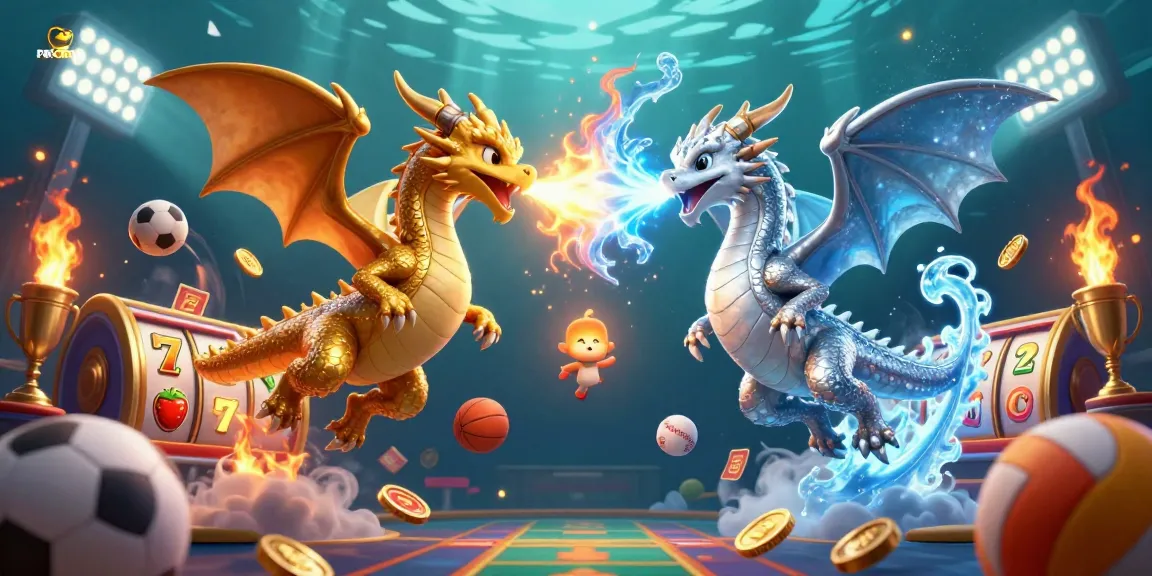 PPTOTO menarik penjudi dengan latar belakang duel naga, elemen kasino 3D, dan energi yang dinamis.