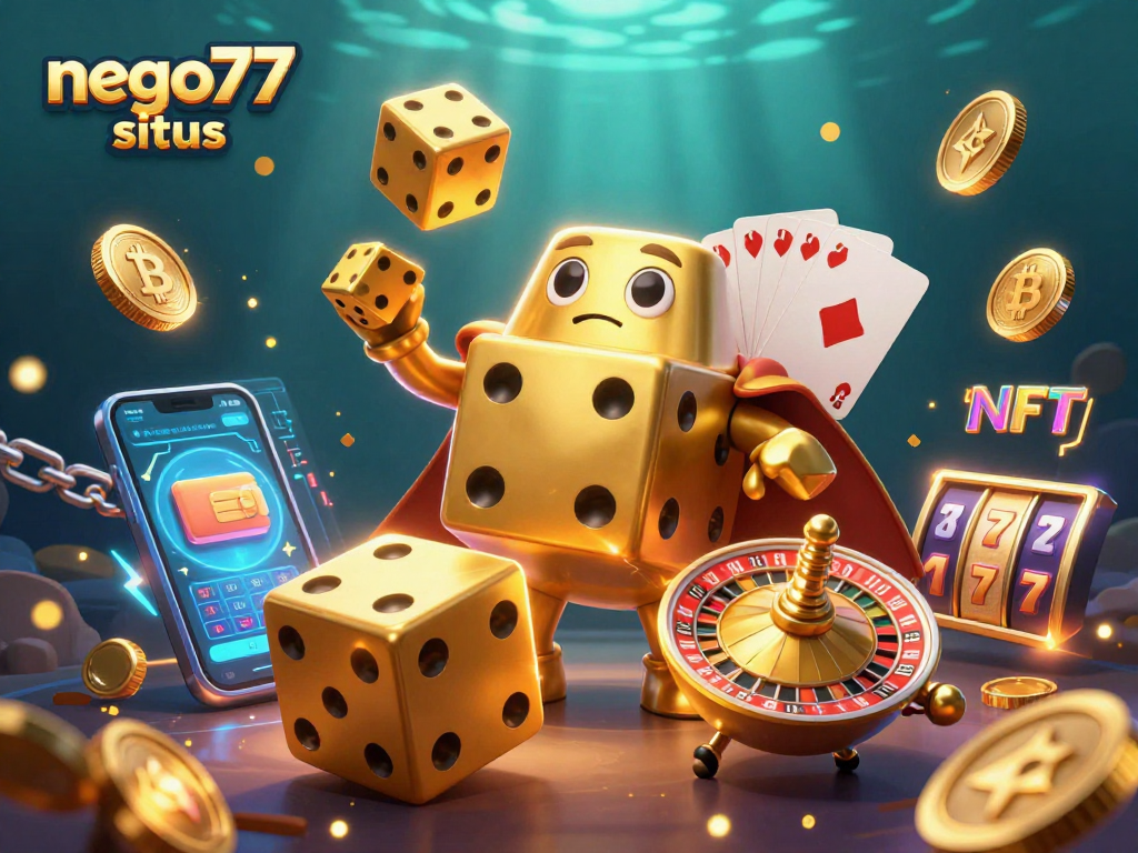 Engage with the excitement of nego77 situs as golden dice and crypto coins illuminate the casino scene.
