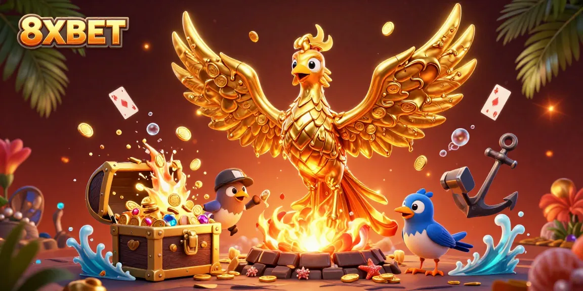 Engage with 8XBET's immersive gaming experience featuring a golden phoenix and treasure elements in vibrant scene.