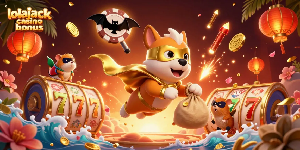 Experience excitement with lolajack casino bonus surrounded by 3D illustrated characters and vibrant casino elements.