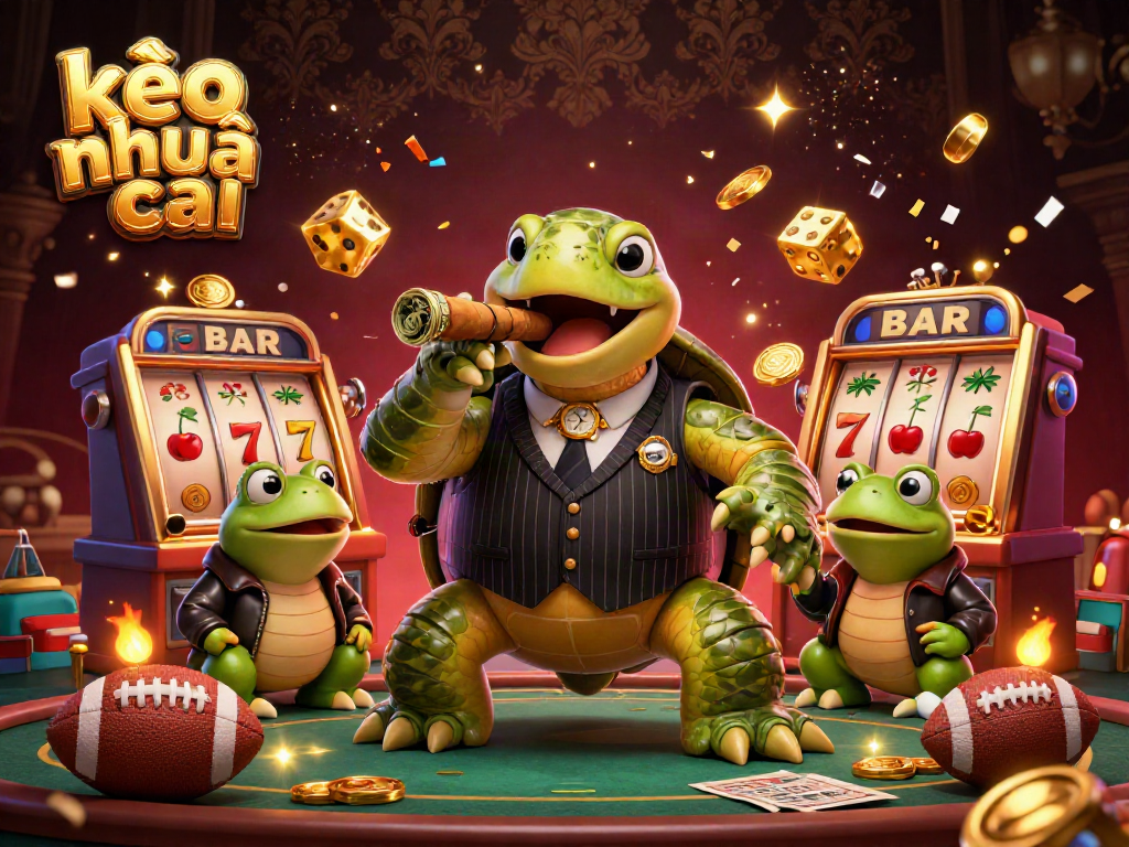 Kèo nhà cái visualizes sports betting graphics with a snapping turtle and bullfrog enforcers.