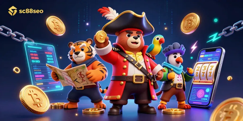 Engage with sc88seo's dynamic gaming world featuring a pirate bear and tiger with crypto elements.