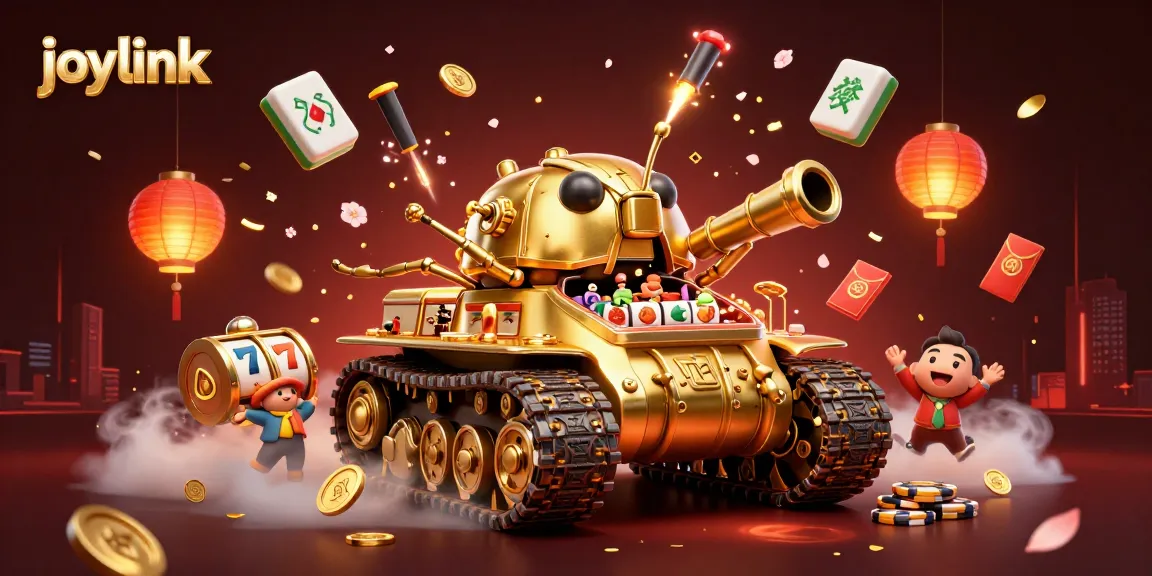 Spin the joylink slots with a golden beetle tank revealing a vibrant casino and festive confetti.