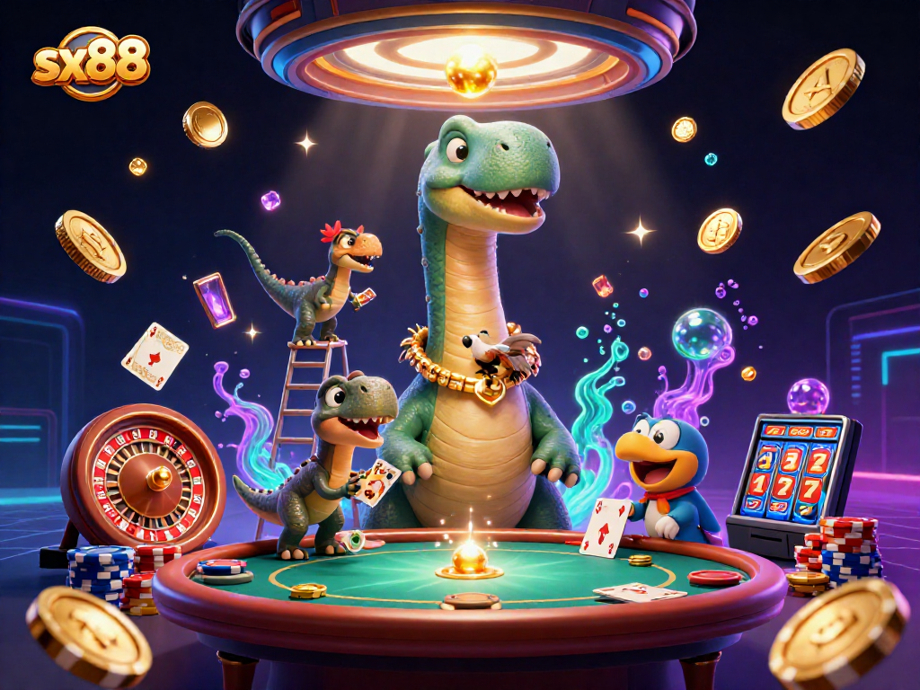 Experience the thrill of sx88 with a towering dinosaur dealer distributing cards in a vibrant casino.