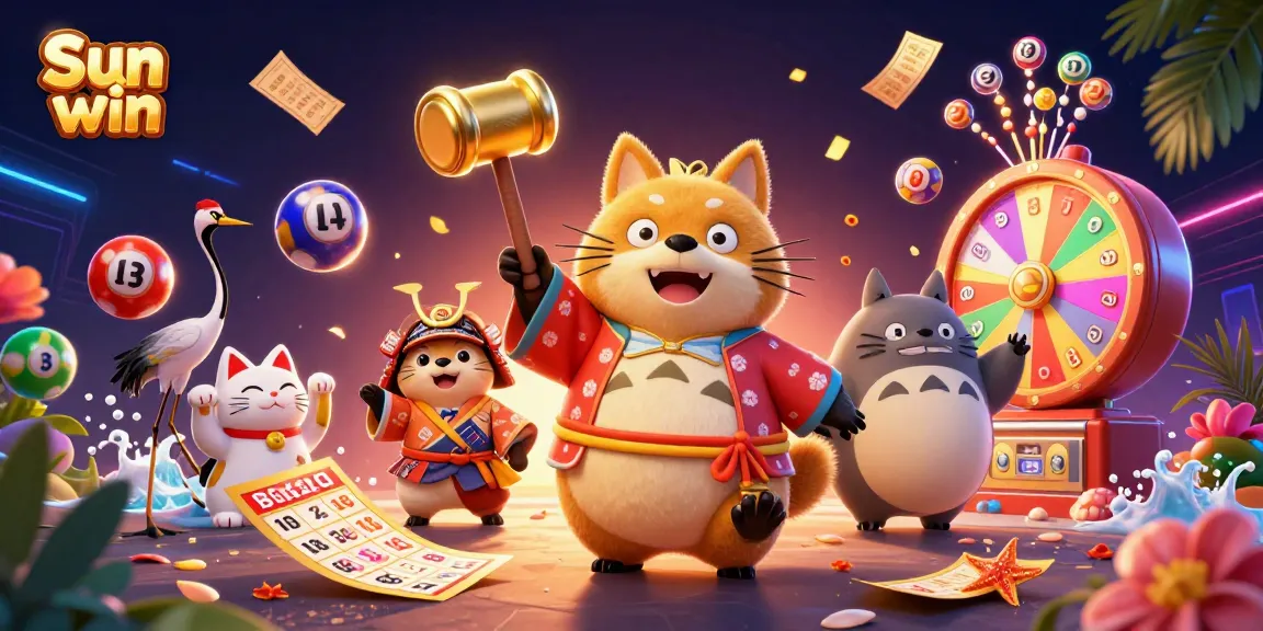 Experience the excitement of Sun win with colorful lottery elements and cheerful characters in action.