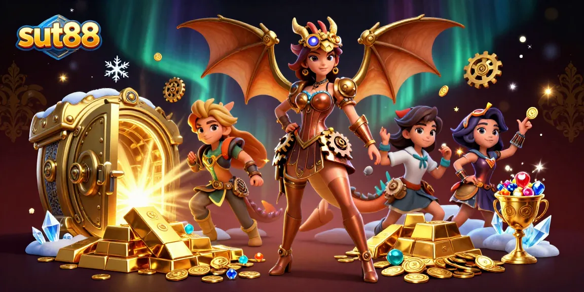 Sut88 engages players with a captivating 3D casino scene filled with treasures and gaming elements.