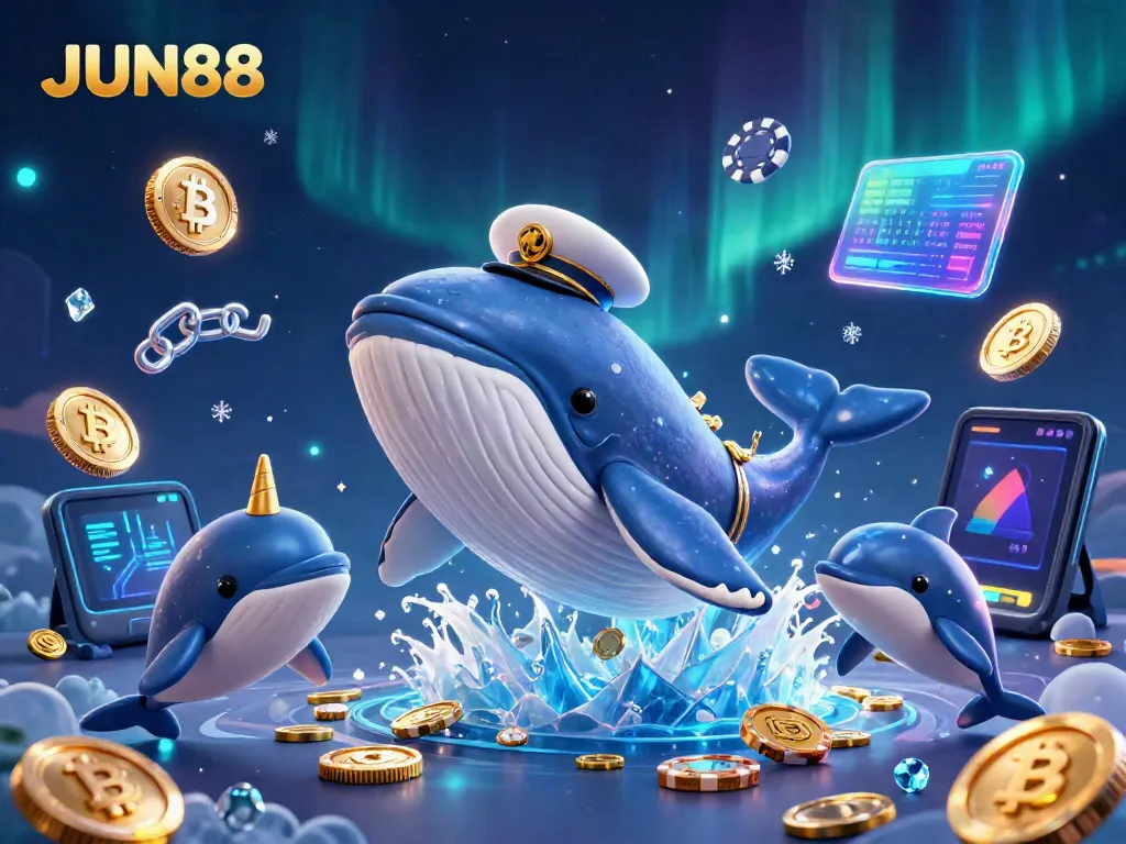 Experience the thrill of gaming with JUN88, featuring a whale and sea creatures interacting with coins and poker chips in a vibrant underwater scene.