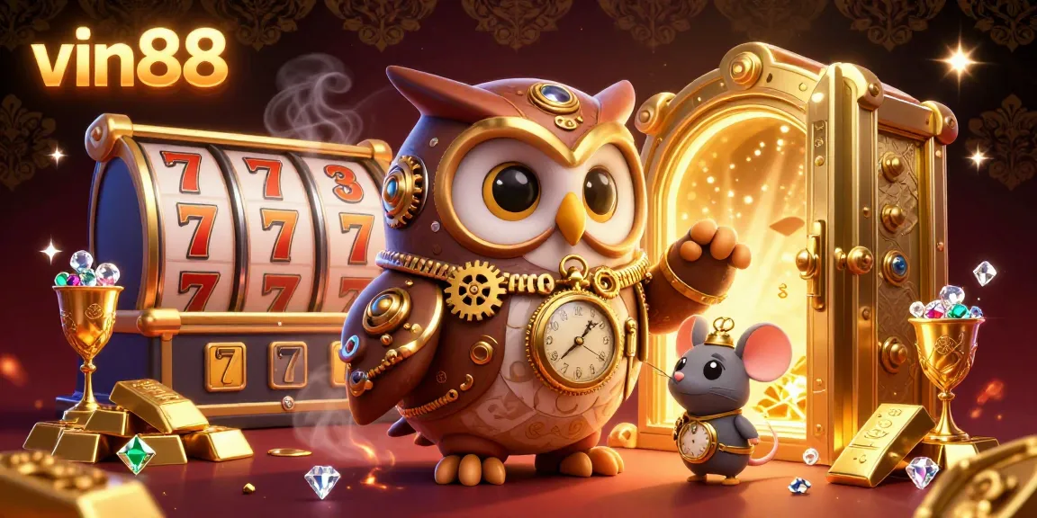 Spin the reels with vin88 in this vibrant 3D casino illustration showcasing steampunk characters and treasures.
