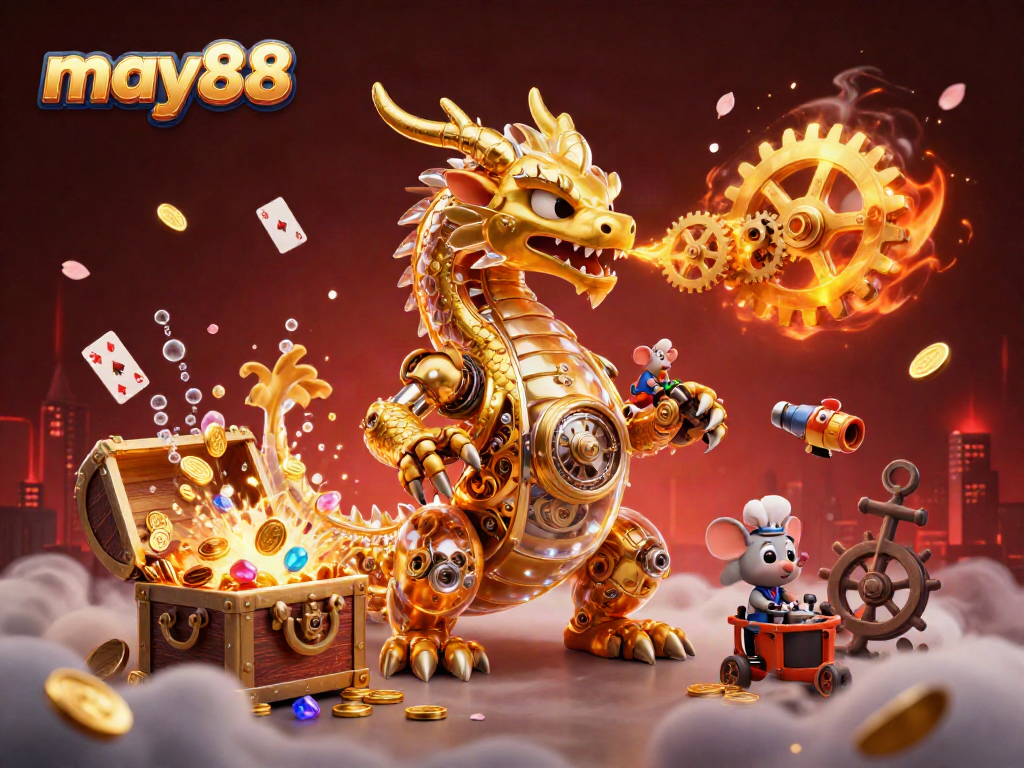 Engage with may88 as the biomechanical dragon releases golden gears amidst sparkling treasures.