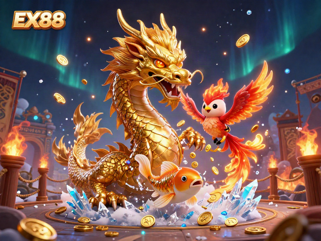 Experience winning thrills with EX88, featuring golden dragon and fiery phoenix in a vibrant casino scene.