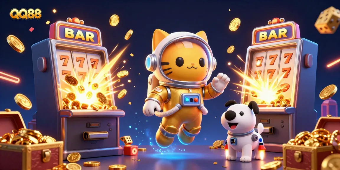 Experience the thrilling world of gambling with QQ88's dynamic 3D illustration showcasing a playful astronaut cat and vibrant casino elements.