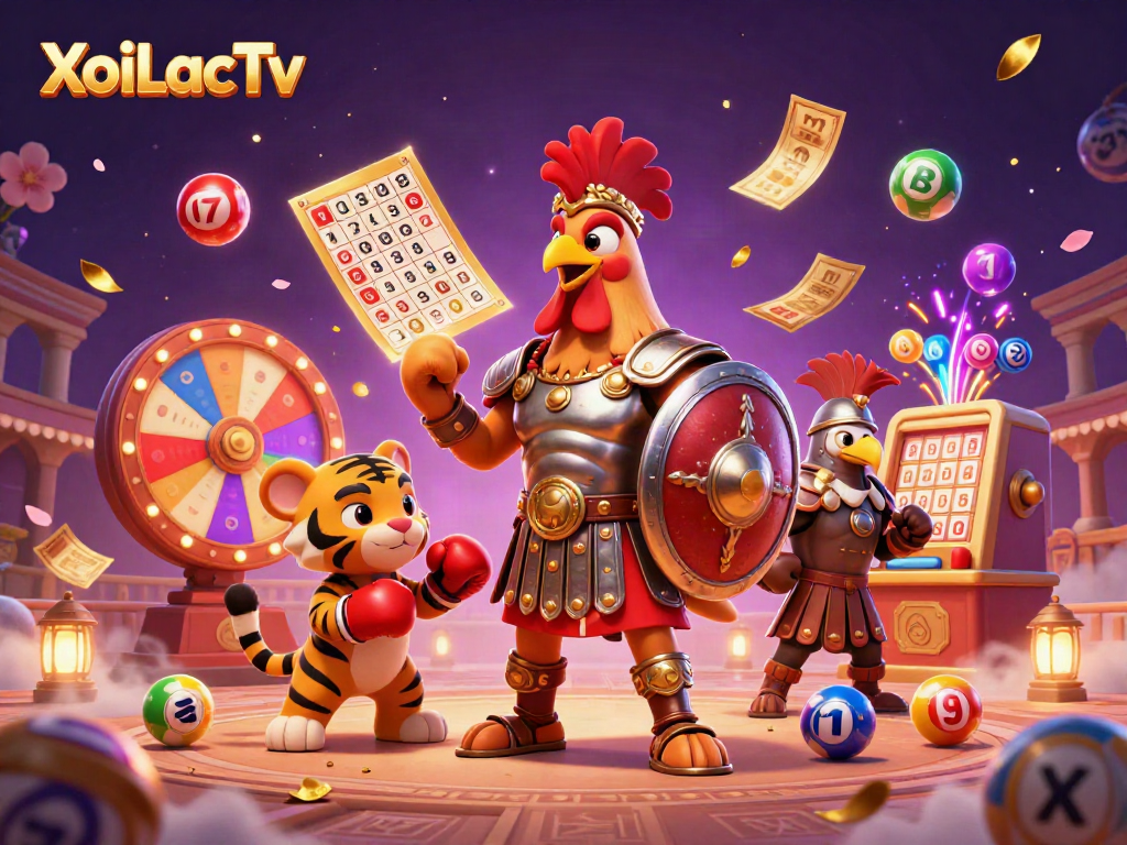 XoiLacTv showcases a vibrant 3D scene of a rooster and tiger cub in a dynamic gambling arena with colorful game elements.