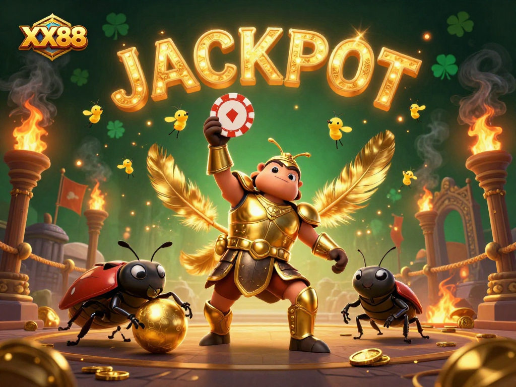 Engage in thrilling gameplay with XX88's victorious beetle characters in an immersive casino scene.