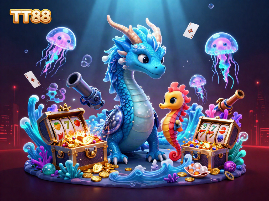 Engage with dynamic TT 88 casino elements featuring a vibrant underwater scene filled with treasures and casino symbols.