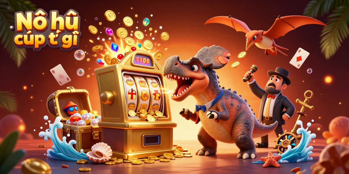 Nổ hũ cúp thế giới: Dynamic casino scene with dinosaurs, gold coins, and slot reels.