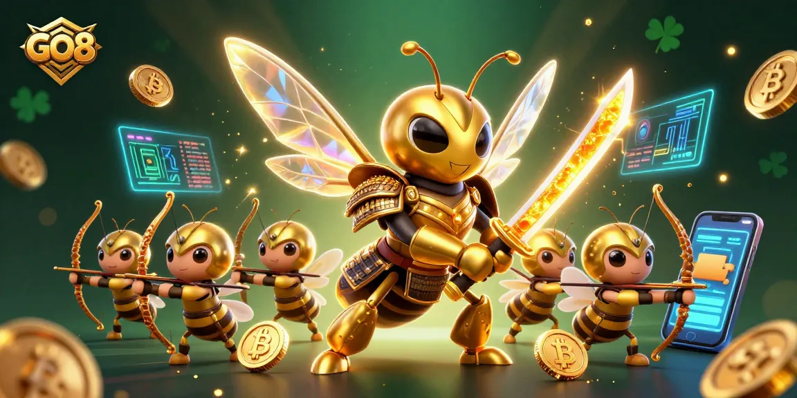 Experience GO8's thrilling gaming environment with vibrant casino-themed 3D illustration featuring golden hornets.