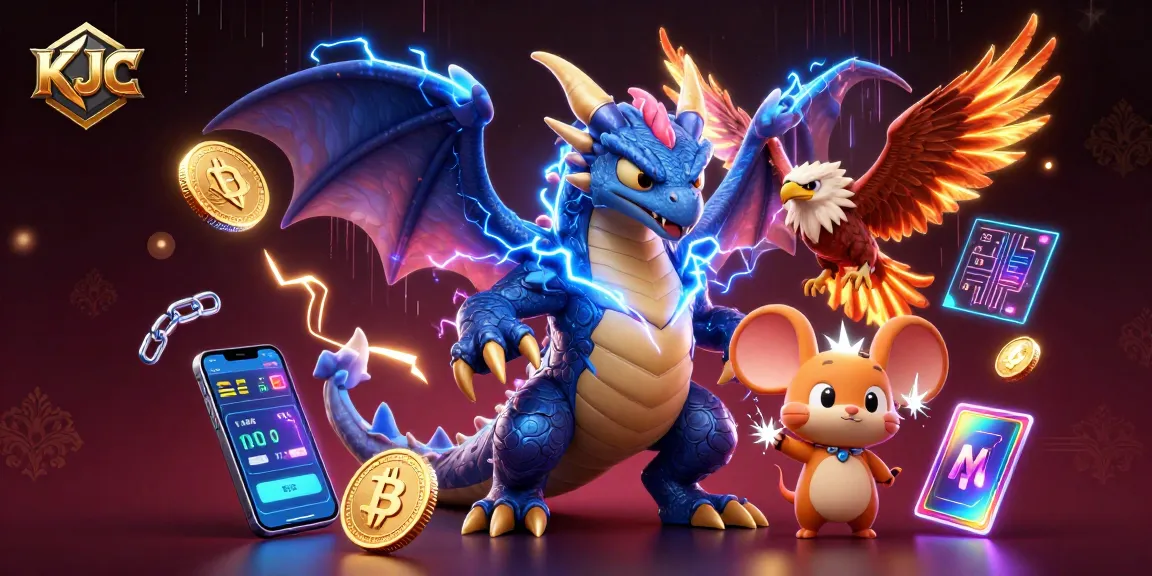 KJC transforms gaming with a dynamic dragon, hawk, and thunder mouse amidst vibrant crypto elements.