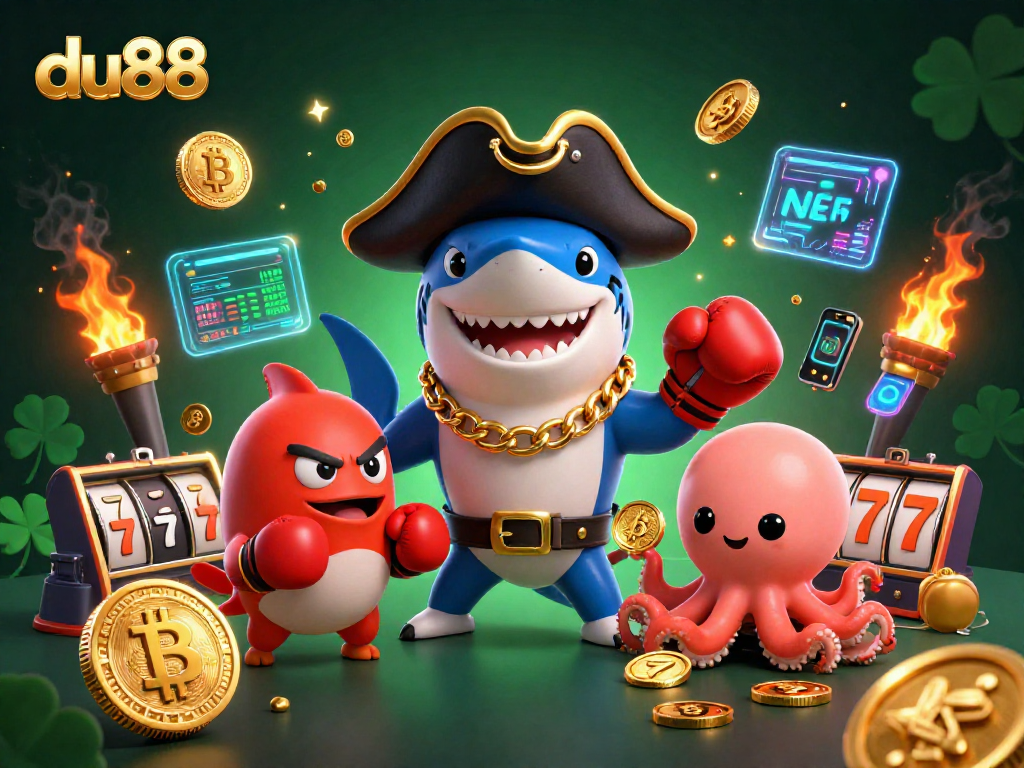 Engage in fun with du88 featuring a pirate shark, pufferfish, and octopus amid casino riches
