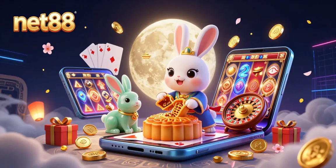 Experience thrilling wins at net88 with the rabbit pounding mooncakes revealing poker chips amidst vibrant gaming elements.