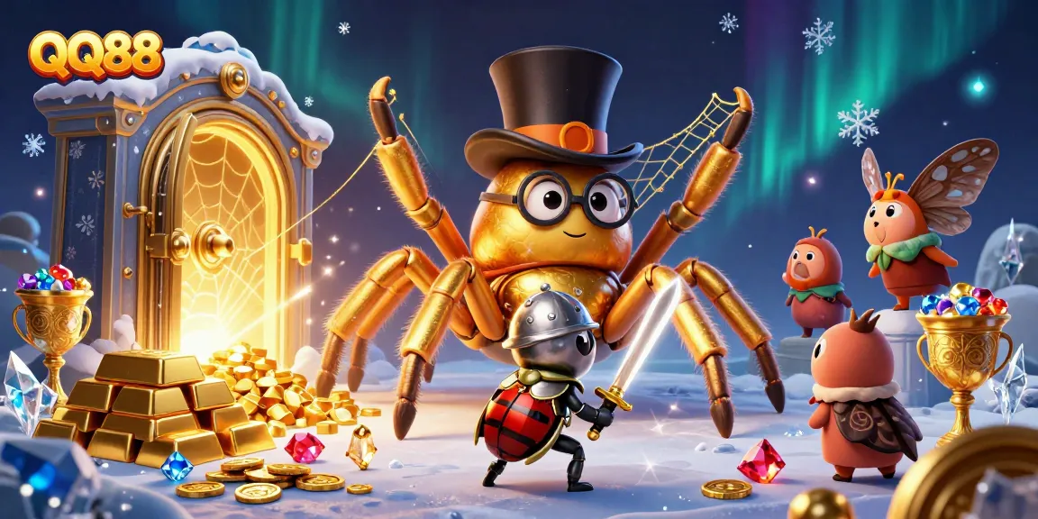 Bet on QQ88 at the dynamic casino scene featuring treasure and cartoon characters.