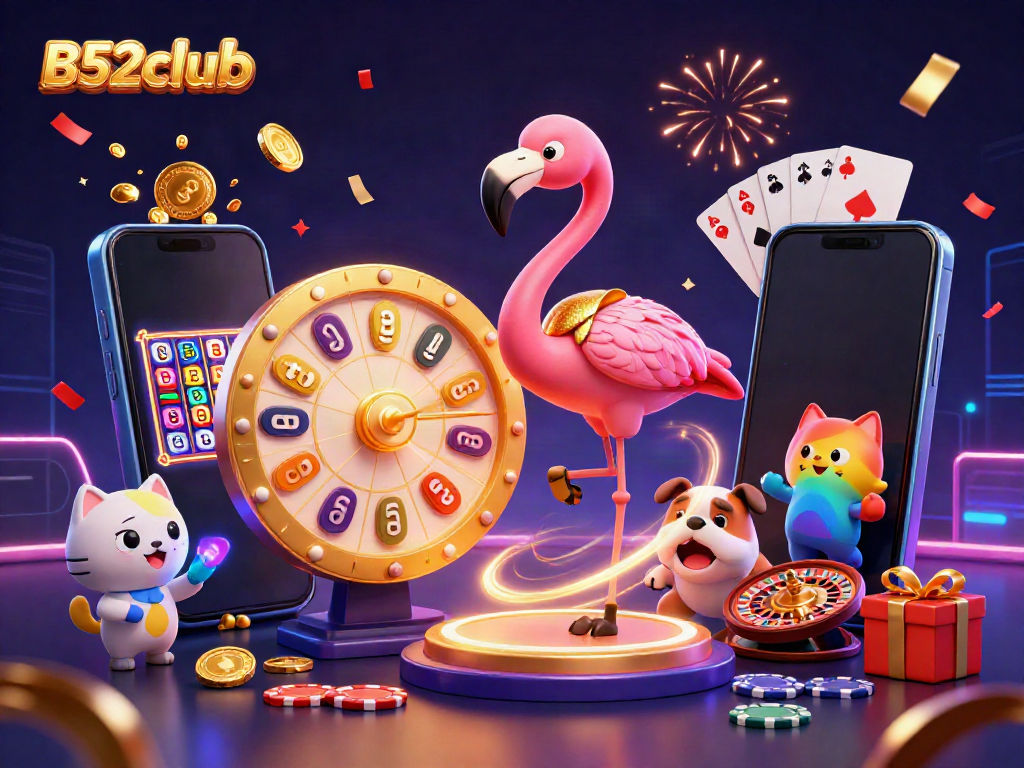 Experience thrilling gameplay at B52club with a vibrant scene showcasing joyous characters spinning prizes and dynamic casino games.