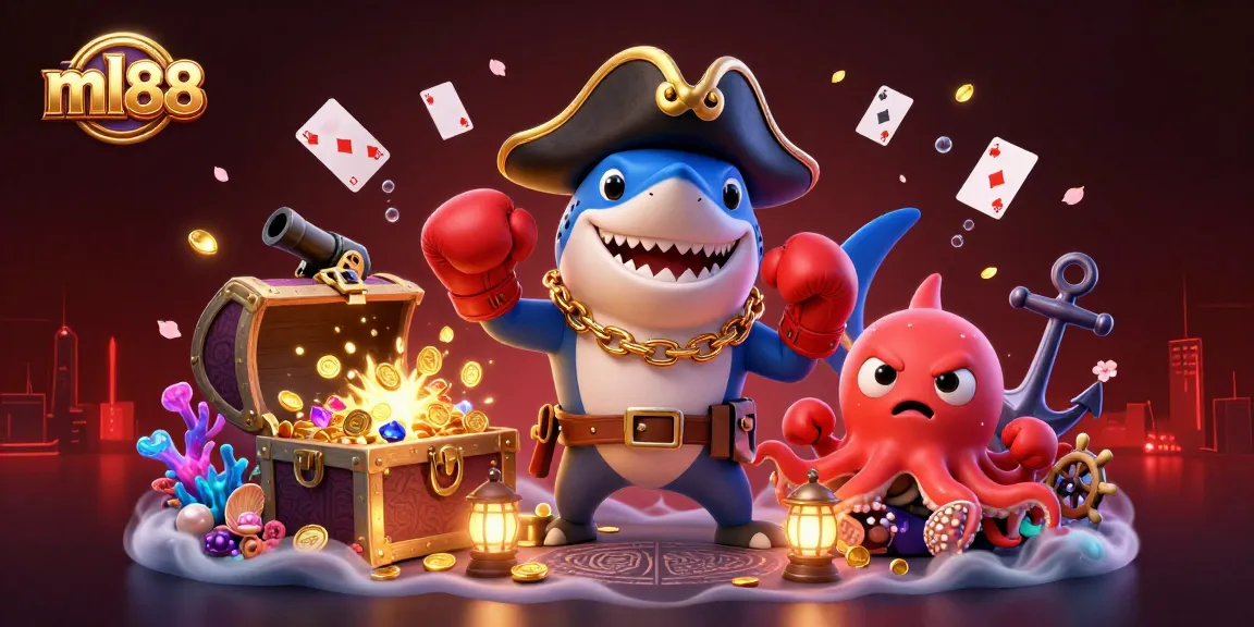 Engage with ml88's vibrant casino scene featuring a cartoon pirate shark, pufferfish, and octopus with gold coins.