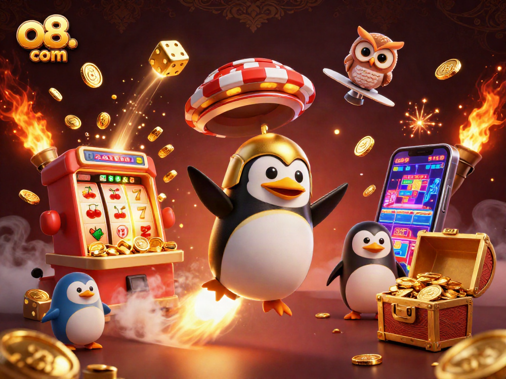 Engage with o8. com as a golden penguin flies toward a jackpot-filled casino space station