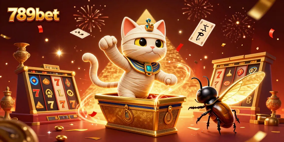 Engage with exclusive 789bet casino thrills featuring a mummy cat and scarab in a vibrant pyramid.