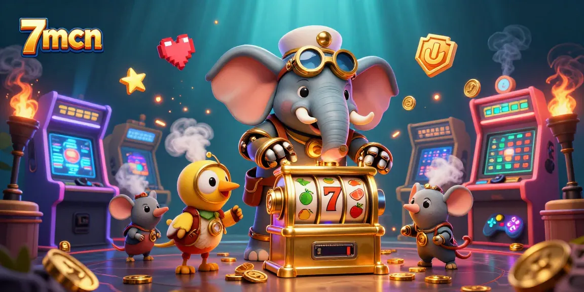 Engage in thrilling gameplay with 7mcn's golden slot machine operated by a steampunk elephant engineer.