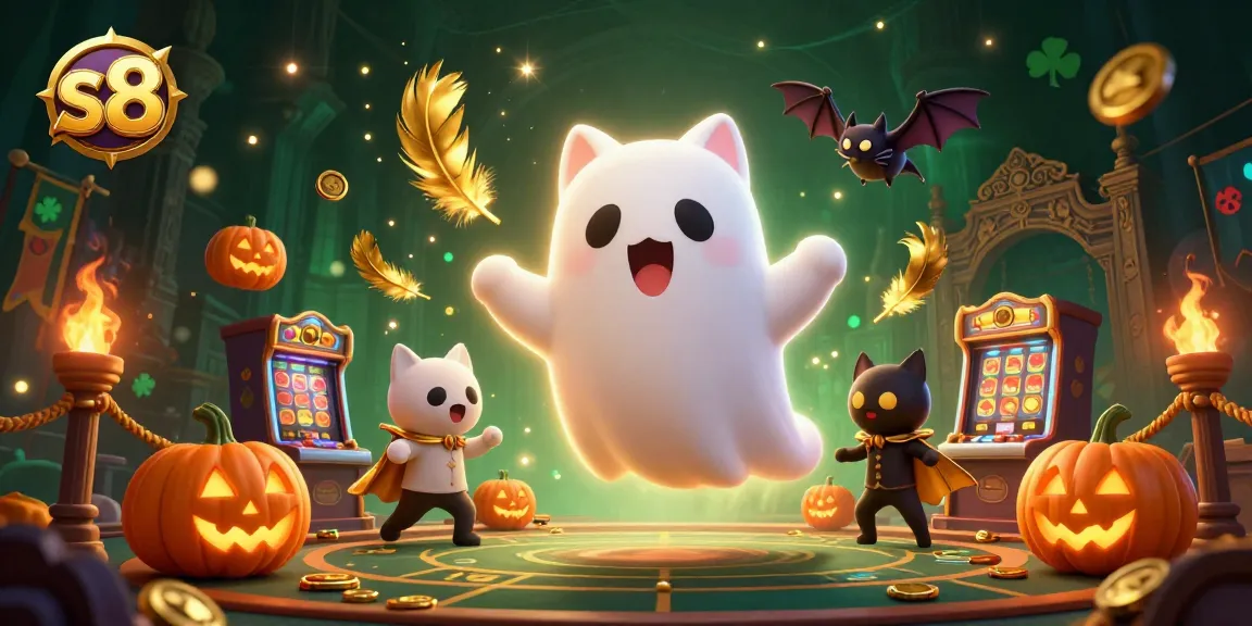 Experience thrilling gameplay at s8 with a ghost cat and vampire bat in a haunted casino.
