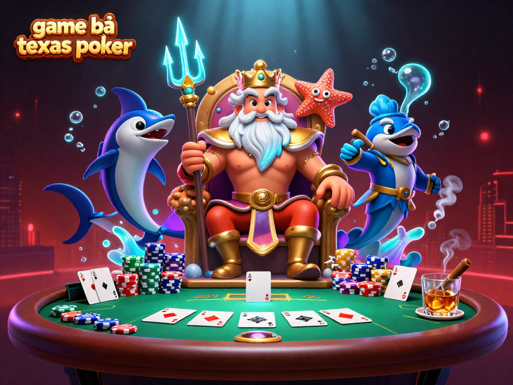 Engage in game bài texas poker with a vibrant 3D scene showcasing Neptune and poker elements.