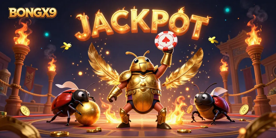 BONGX9 showcases thrilling casino excitement with a triumphant hercules beetle, jackpot indicators, and vibrant gaming elements.