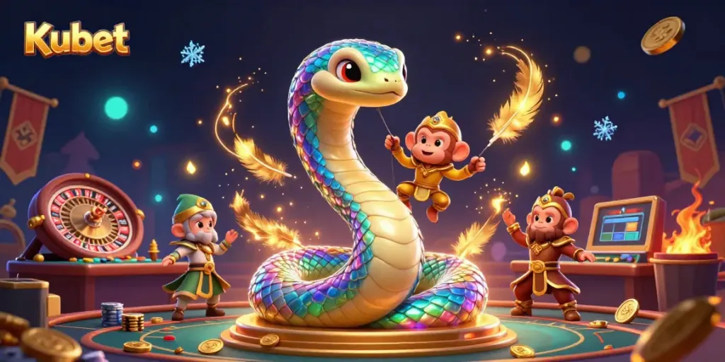 Kubet offers an engaging atmosphere featuring a rainbow serpent and monkey king in a casino setting with vibrant games and energy.