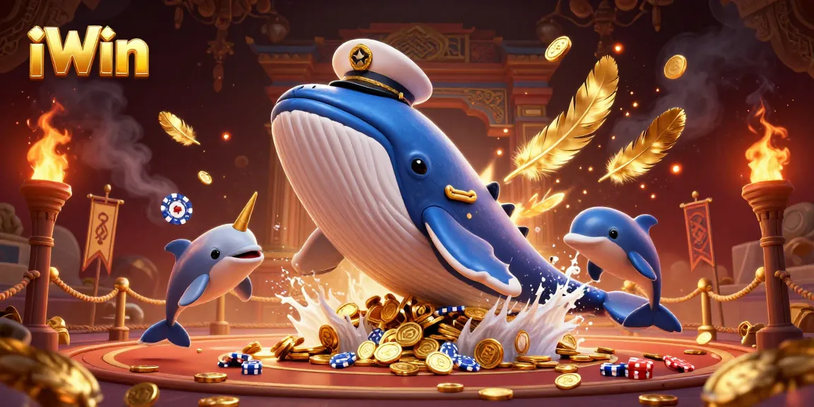 iWin strategy with a captivating whale, narwhal, and dolphins amidst coins in a vibrant casino scene.