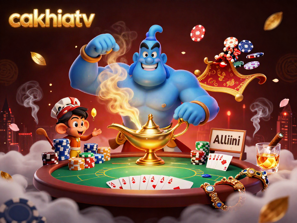 Experience the magic of cakhiatv with a blue genie delivering poker excitement and colorful game elements!