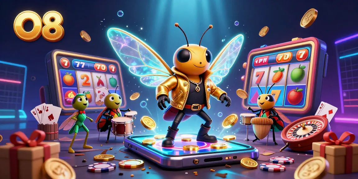 O8 promotes thrilling slot games with a vibrant cartoon rock star scene featuring jackpot symbols.