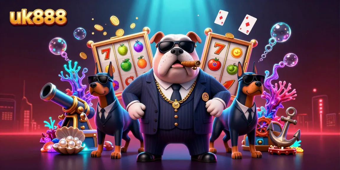 Play slots and win with uk888 in an exciting casino scene featuring a mafia bulldog and treasure.