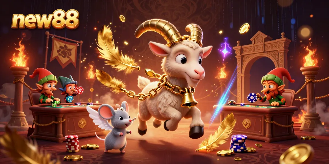 Join the festive chaos at new88's casino, where playful characters compete for poker chips amid the vibrant gaming scene.
