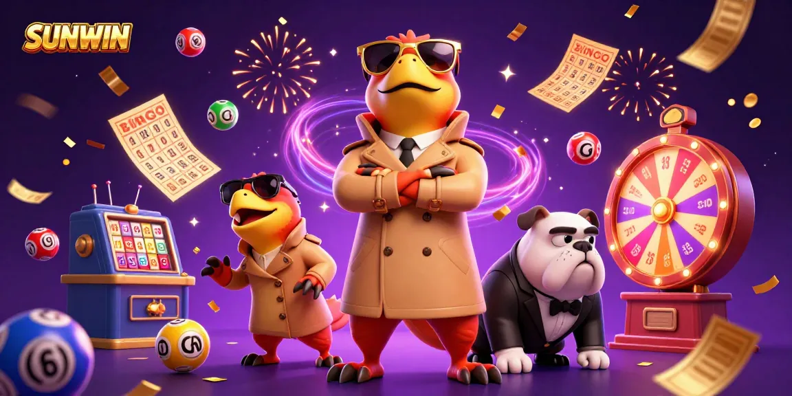 Experience exhilarating gaming at SUNWIN with colorful lottery balls bursting around playful raptors in a casino scene.