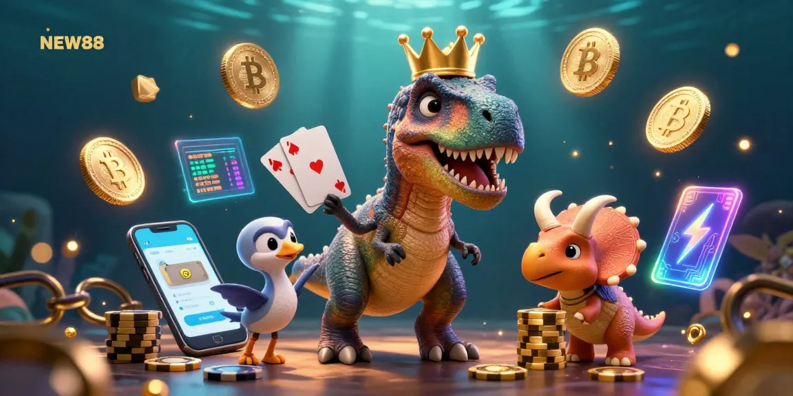 Engage with NEW88's vibrant 3D scene featuring a cartoon T-Rex, pterodactyl, and triceratops in a casino-themed illustration.