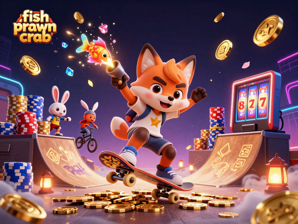 Experience the vibrant fish prawn crab scene with a fox and rabbit in exciting casino action.