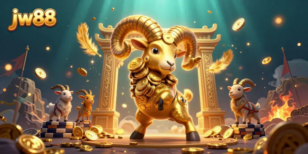 Engage with the excitement of jw88 as a golden ram charges through a lively casino scene.