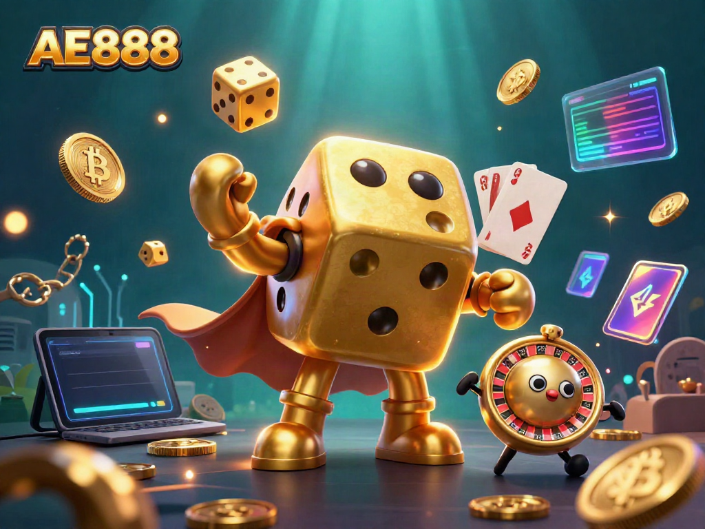 Engage at AE888 casino with a thrilling 3D scene of playful golden dice and vibrant cryptocurrency elements.